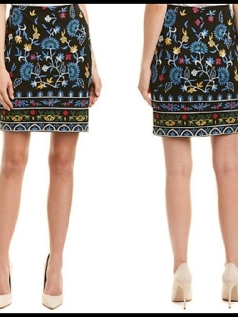 J Mclauglin Floral Embroidered Black Pencil Mini Skirt Size 4